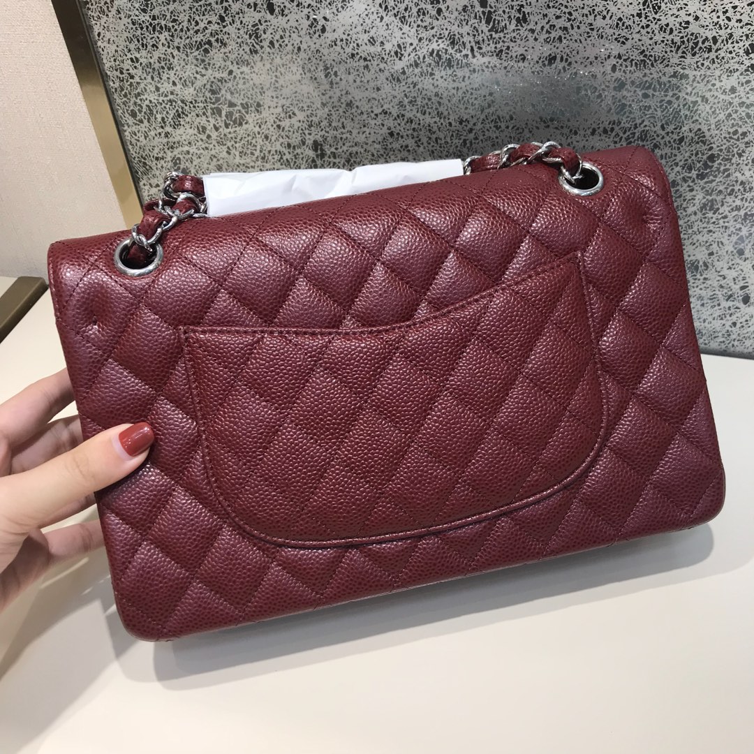 Chanel 香奈儿 Classic Flap 代购版本 25cm 进口鱼子酱 枣红色 银扣