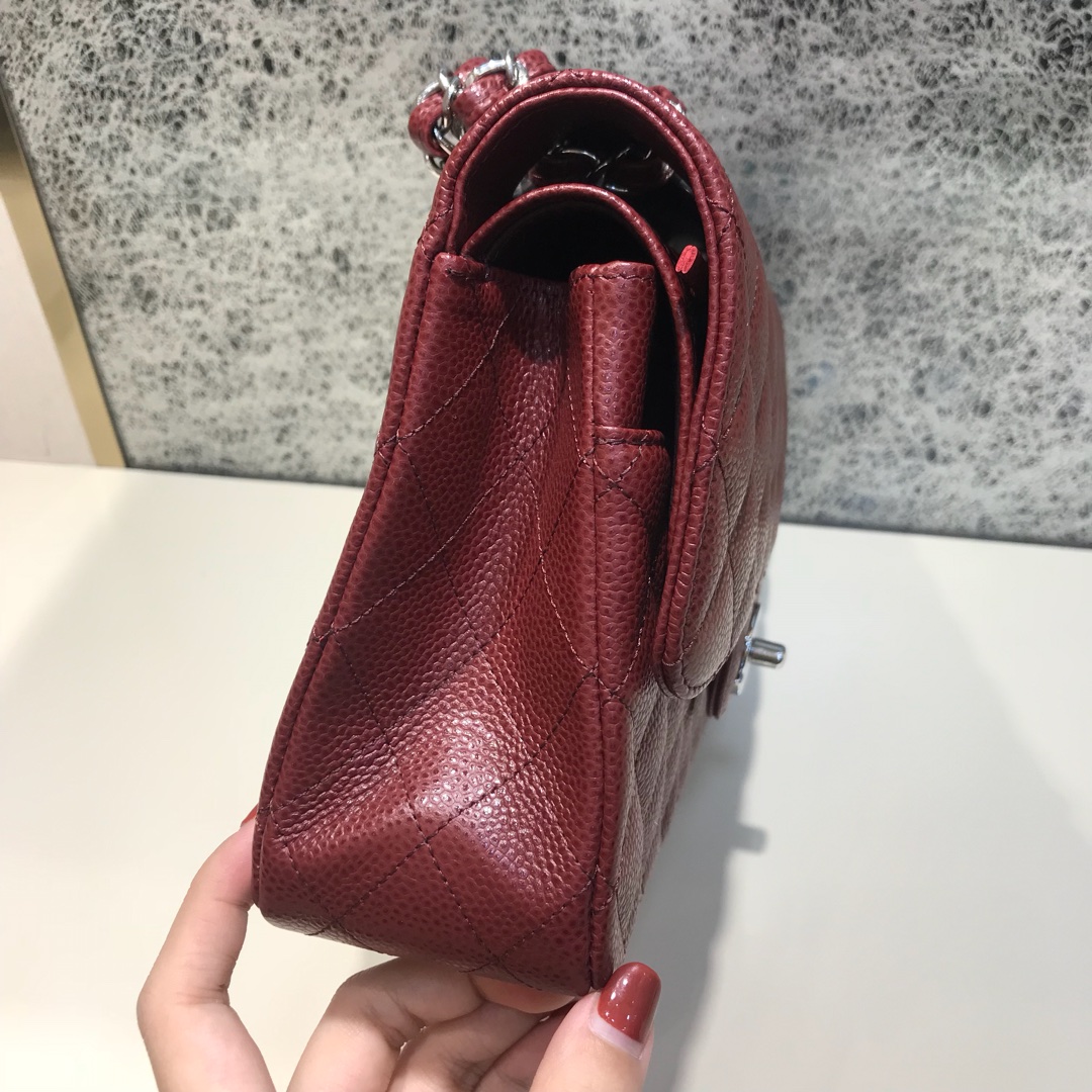Chanel 香奈儿 Classic Flap 代购版本 25cm 进口鱼子酱 枣红色 银扣