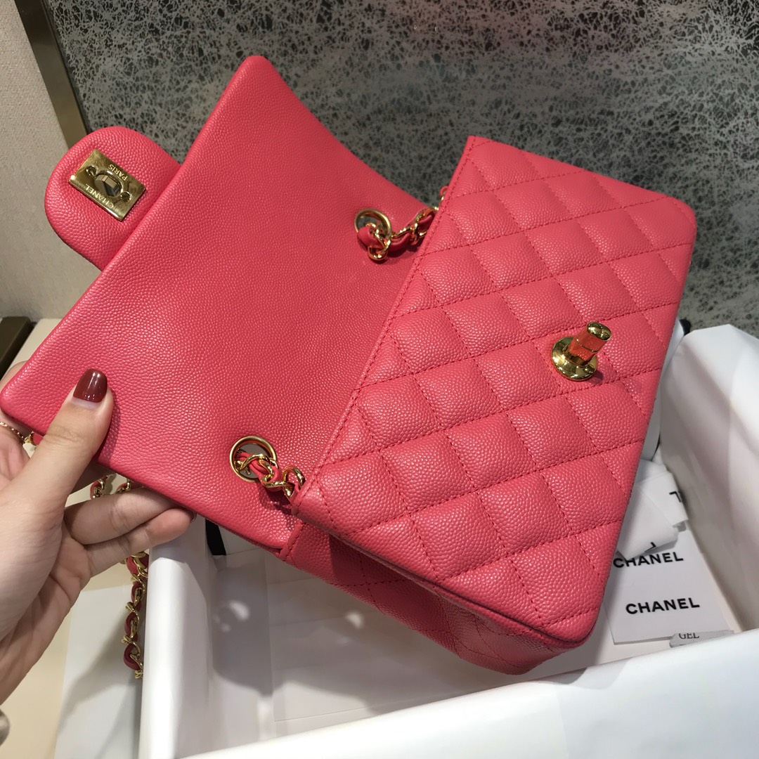 Classic Flap 代购版本 20cm 进口定制小鱼子酱 西瓜红 金扣