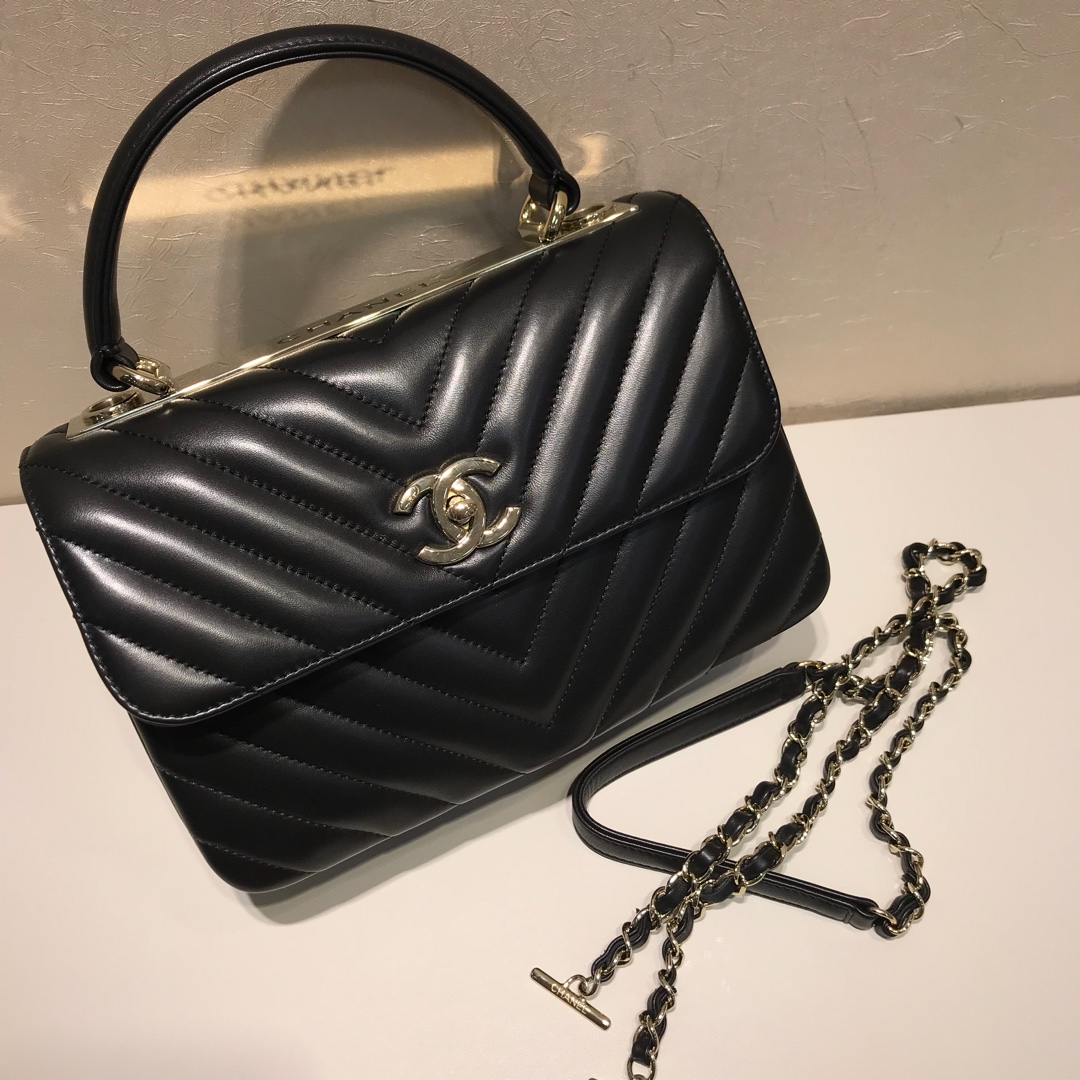 Trendy cc  代购版本 25cm 进口定制小羊皮 黑色 浅金扣