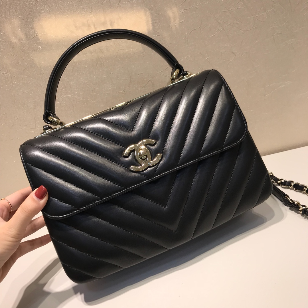 Trendy cc  代购版本 25cm 进口定制小羊皮 黑色 浅金扣