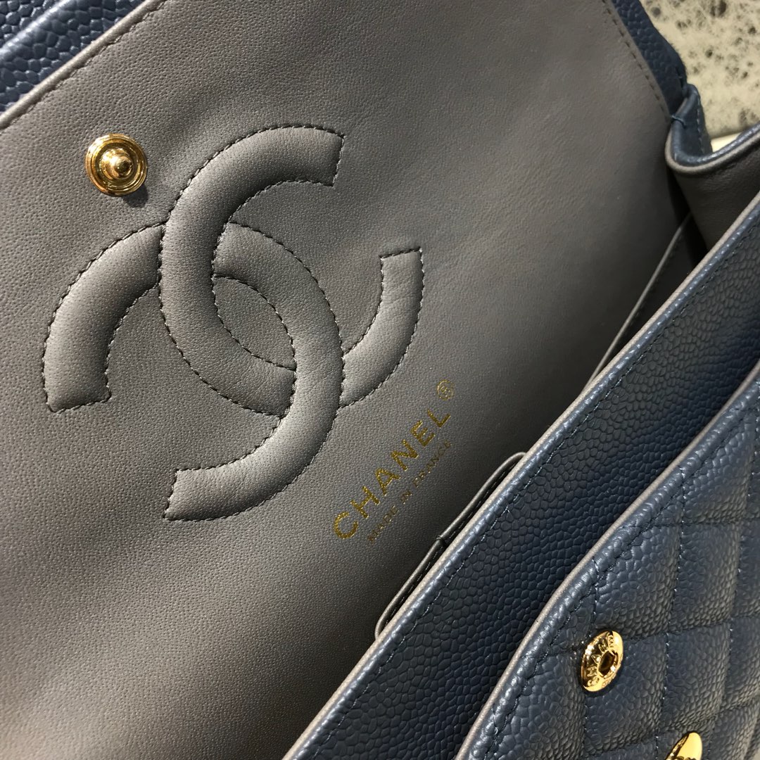 Classic Flap 代购版本 25cm 进口定制鱼子酱 灰蓝色 金扣 进口定制皮