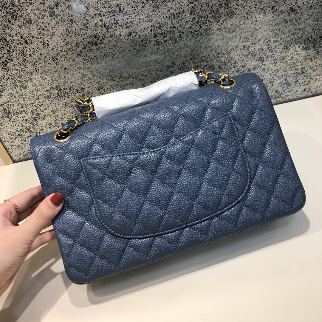 Classic Flap 代购版本 25cm 进口定制鱼子酱 灰蓝色 金扣 进口定制皮