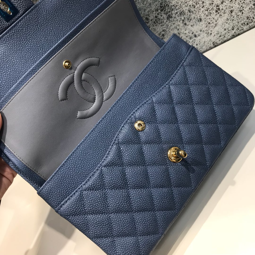 Classic Flap 代购版本 25cm 进口定制鱼子酱 灰蓝色 金扣 进口定制皮