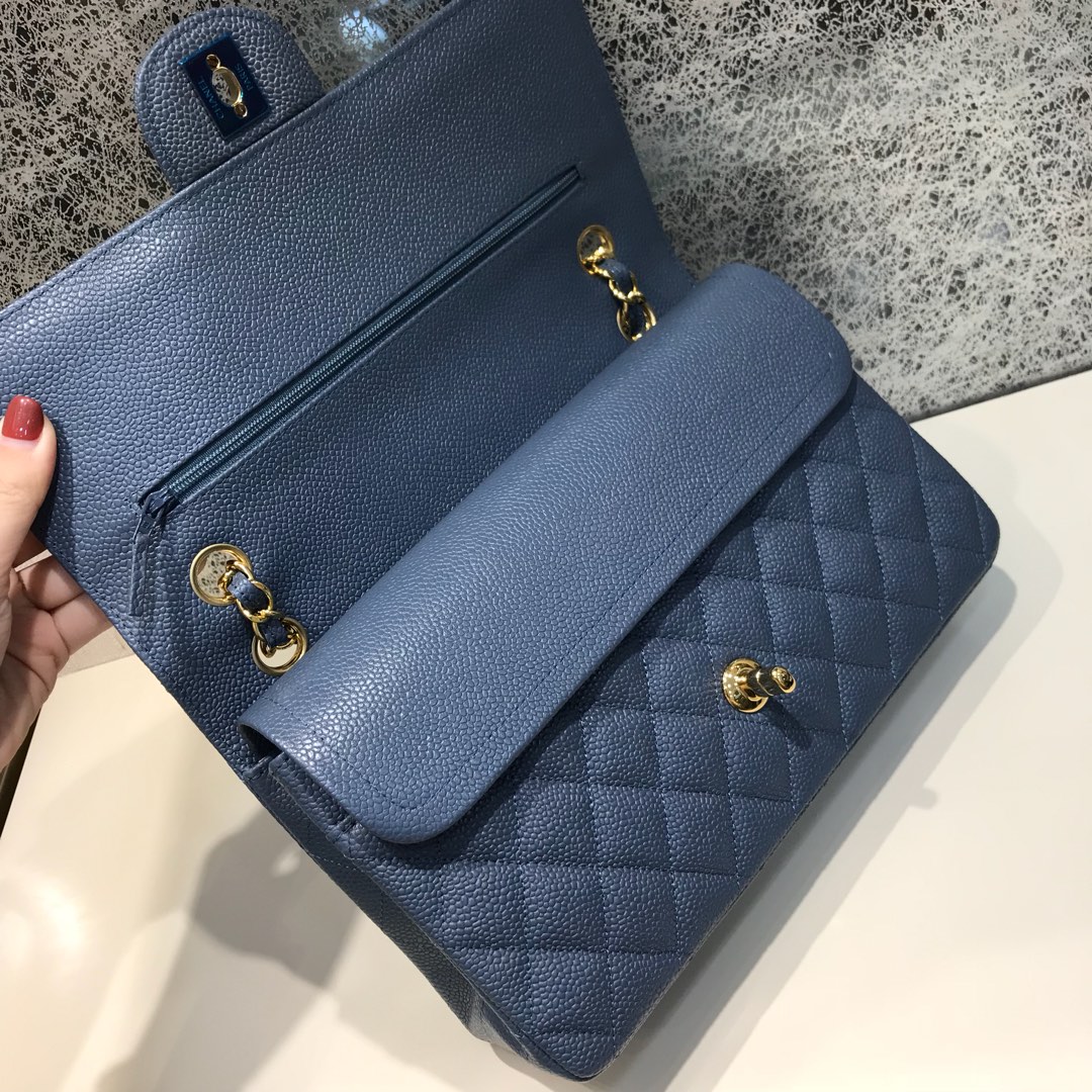 Classic Flap 代购版本 25cm 进口定制鱼子酱 灰蓝色 金扣 进口定制皮