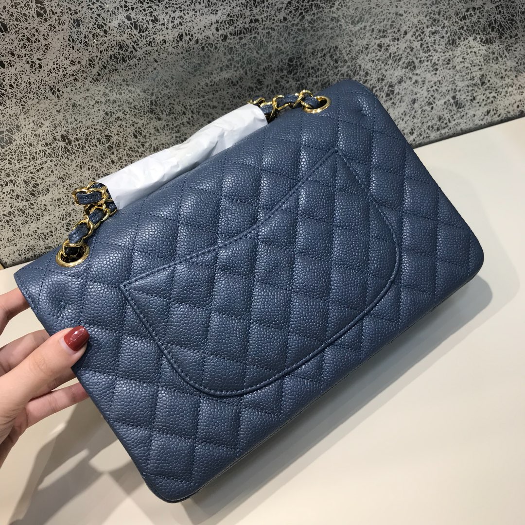 Classic Flap 代购版本 25cm 进口定制鱼子酱 灰蓝色 金扣 进口定制皮
