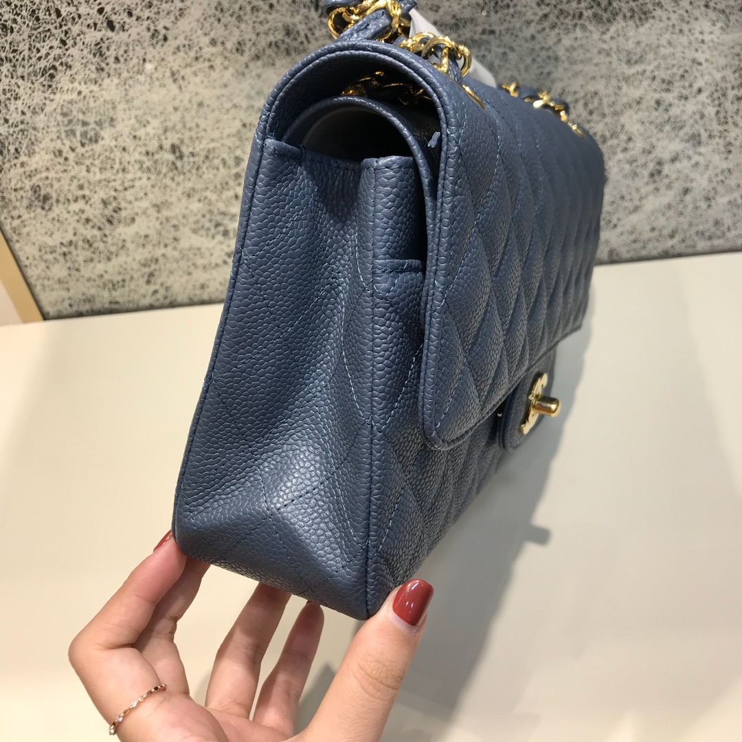 Classic Flap 代购版本 25cm 进口定制鱼子酱 灰蓝色 金扣 进口定制皮