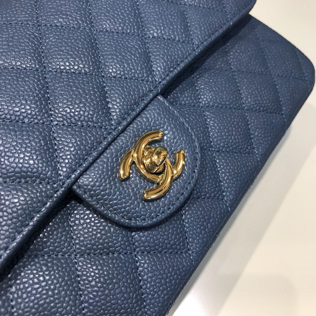 Classic Flap 代购版本 25cm 进口定制鱼子酱 灰蓝色 金扣 进口定制皮