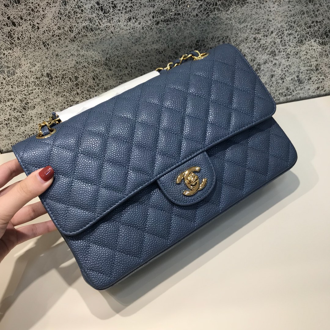Classic Flap 代购版本 25cm 进口定制鱼子酱 灰蓝色 金扣 进口定制皮