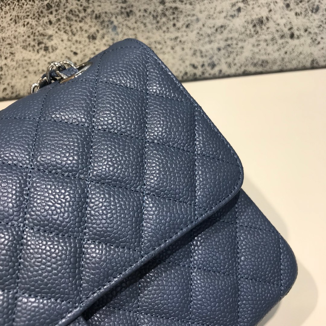 Classic Flap 代购版本 25cm 进口定制鱼子酱 灰蓝色 银扣 进口定制皮