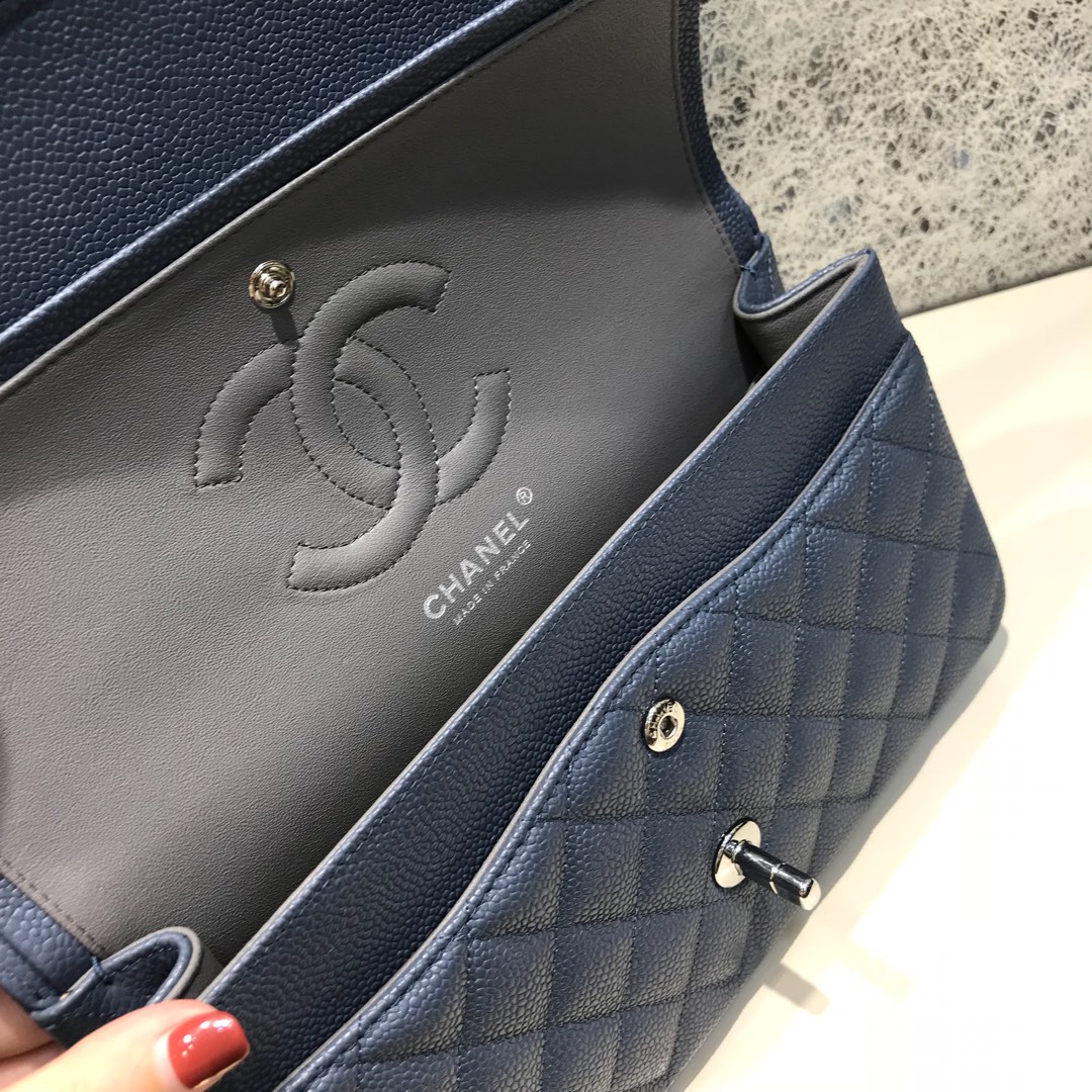 Classic Flap 代购版本 25cm 进口定制鱼子酱 灰蓝色 银扣 进口定制皮