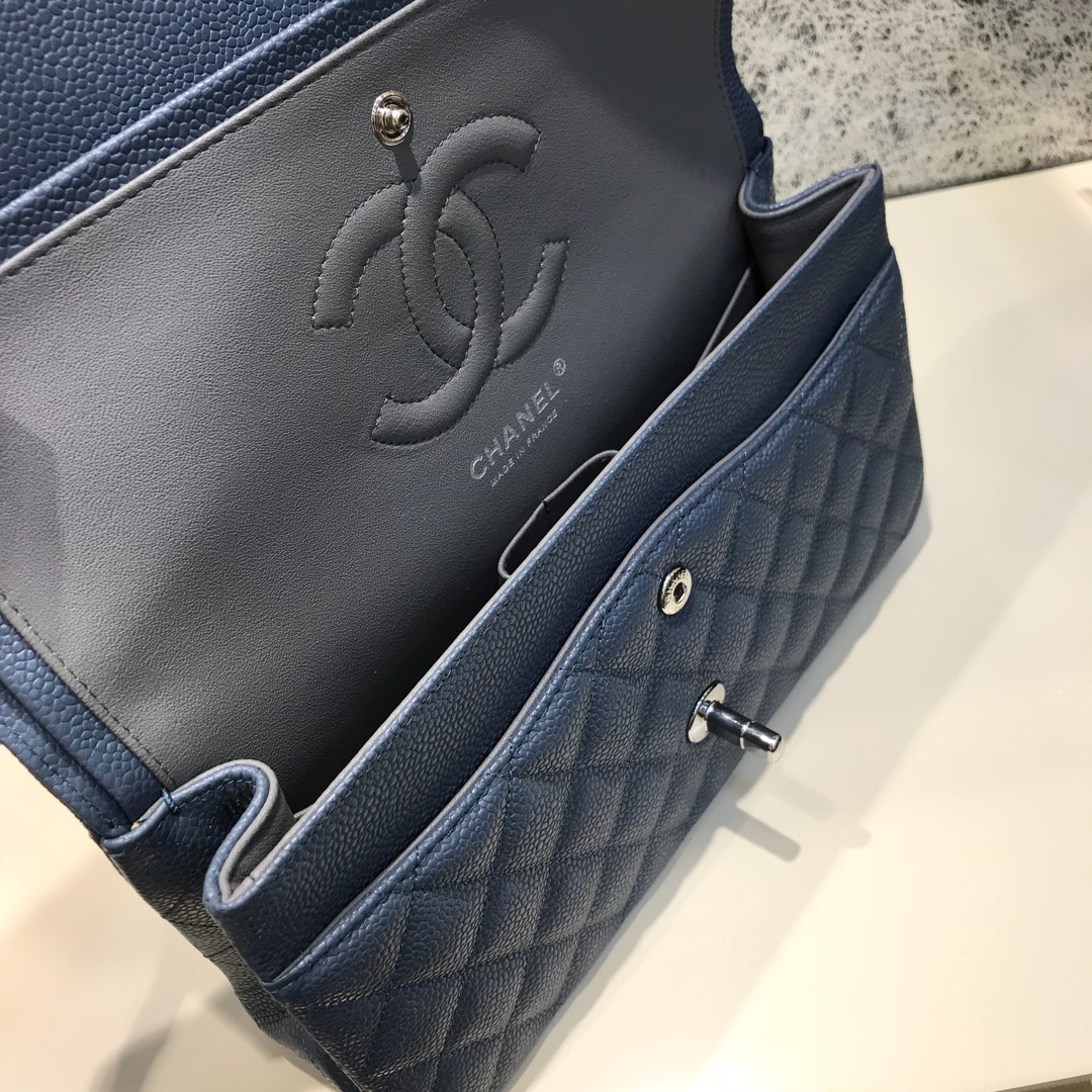 Classic Flap 代购版本 25cm 进口定制鱼子酱 灰蓝色 银扣 进口定制皮