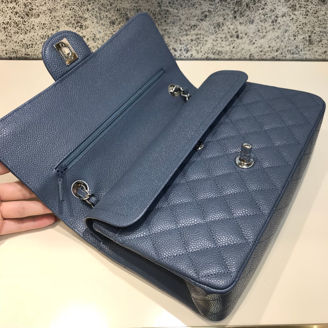 Classic Flap 代购版本 25cm 进口定制鱼子酱 灰蓝色 银扣 进口定制皮