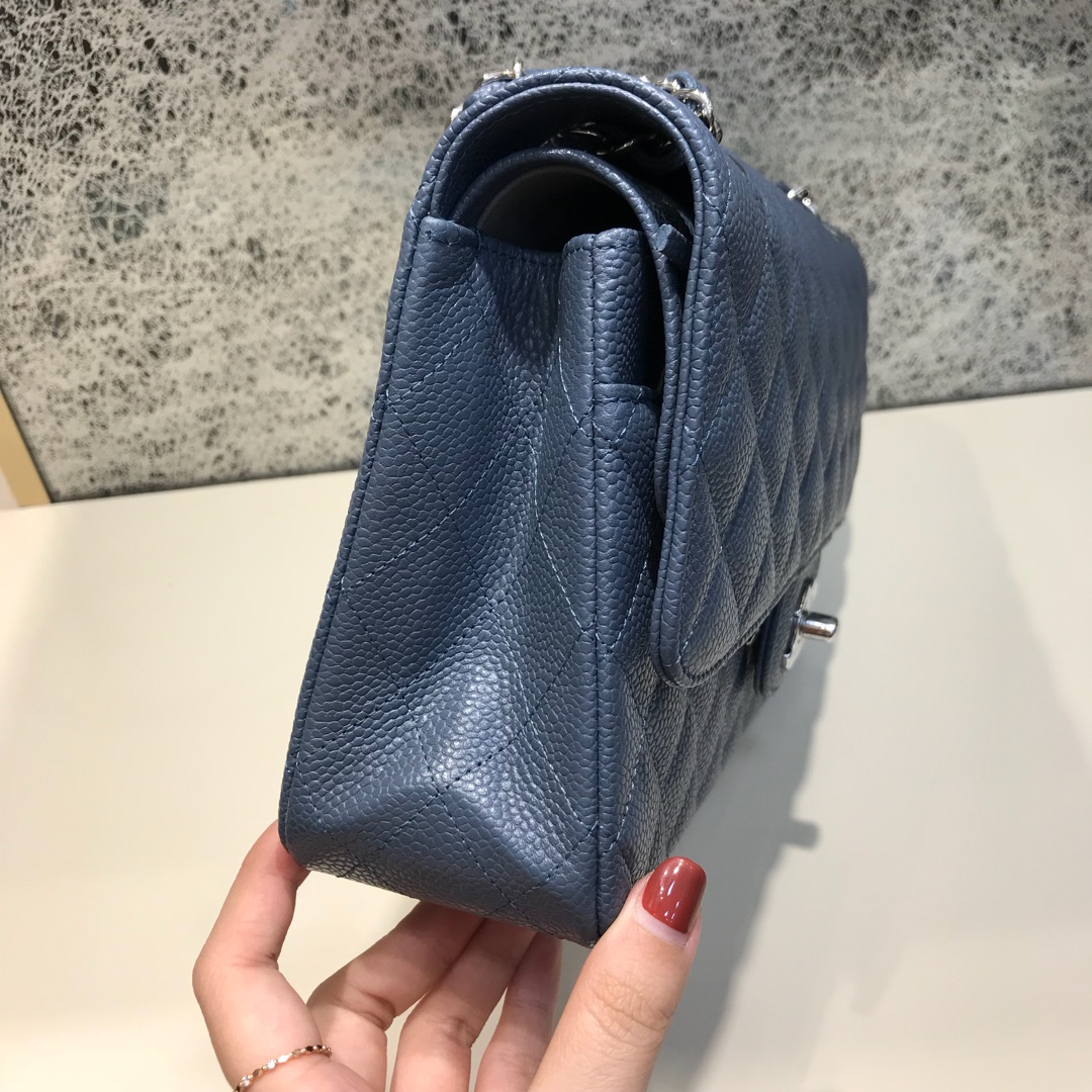 Classic Flap 代购版本 25cm 进口定制鱼子酱 灰蓝色 银扣 进口定制皮