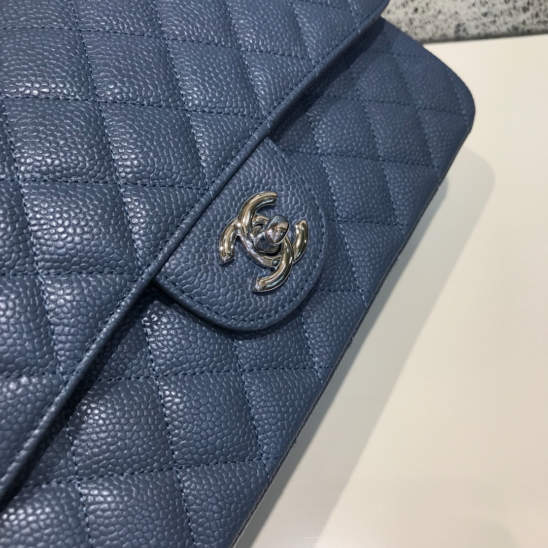 Classic Flap 代购版本 25cm 进口定制鱼子酱 灰蓝色 银扣 进口定制皮