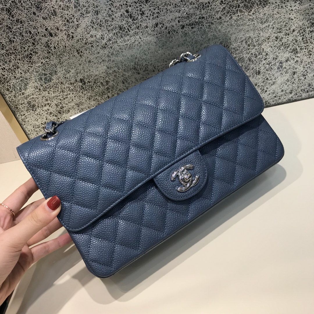 Classic Flap 代购版本 25cm 进口定制鱼子酱 灰蓝色 银扣 进口定制皮