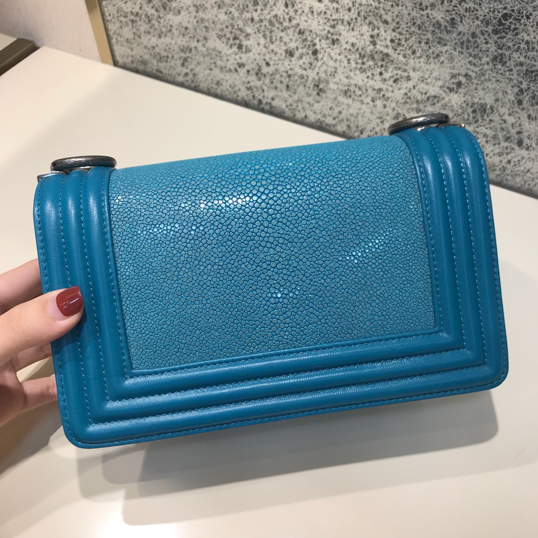 Chanel 香奈儿 Leboy  顶级代购版本 20cm 进口珍珠鱼皮 湖水蓝 古银 真空电镀五金