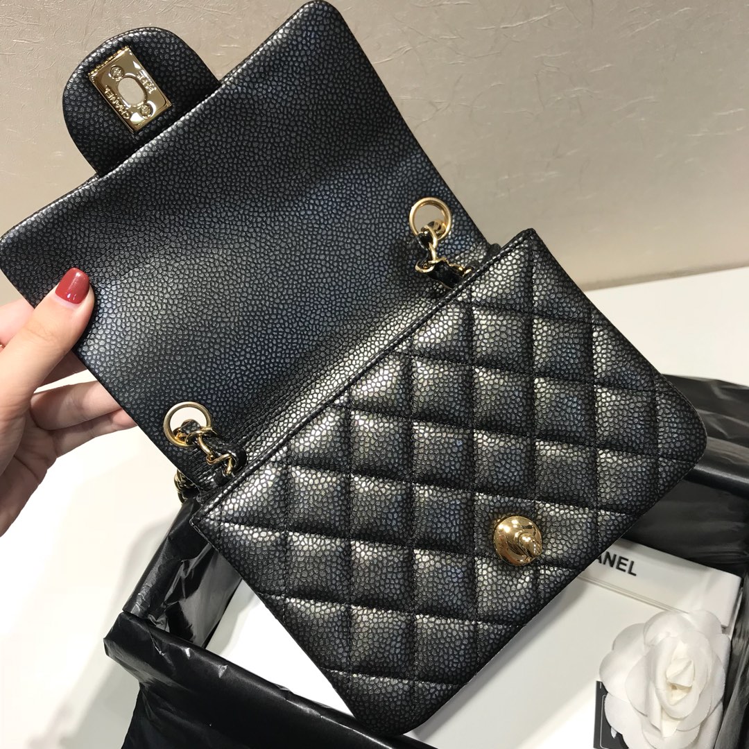 顶级代购版本 17m 原厂鱼子酱皮 古铜黑 Chanel Classic Flap