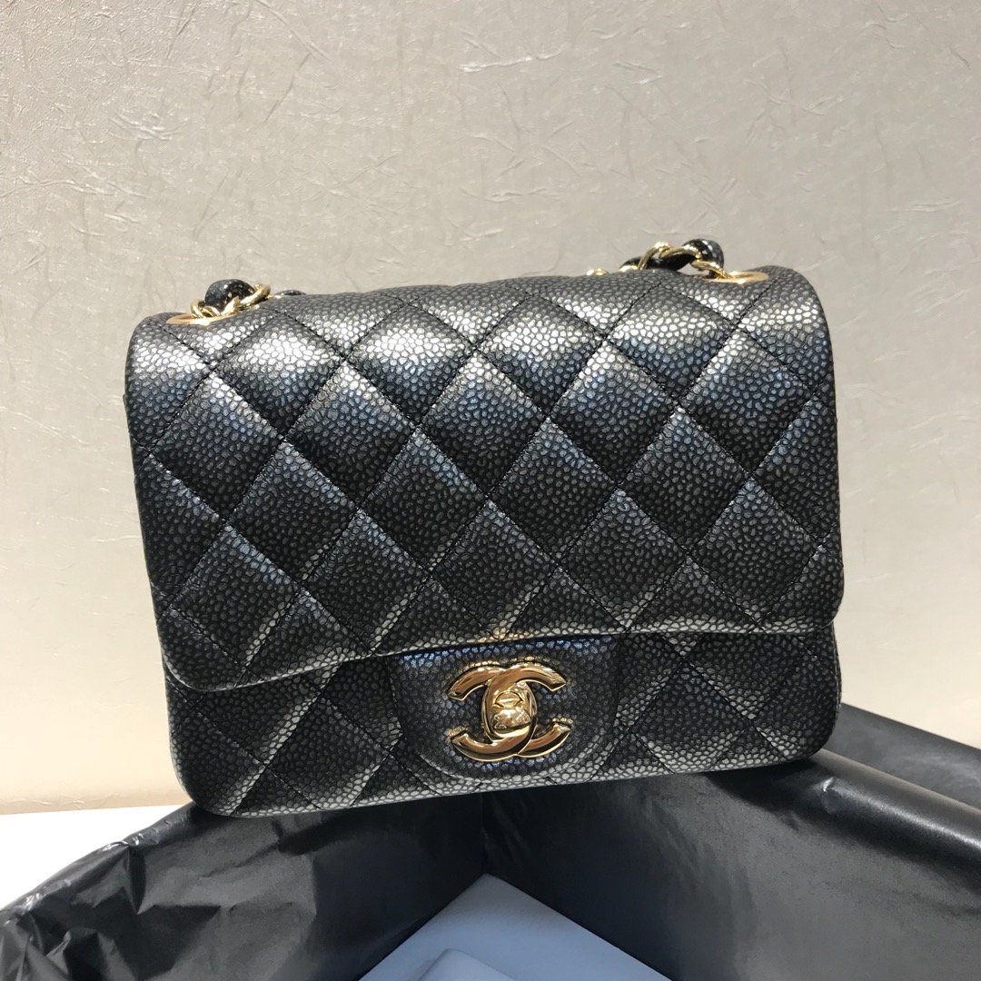 顶级代购版本 17m 原厂鱼子酱皮 古铜黑 Chanel Classic Flap