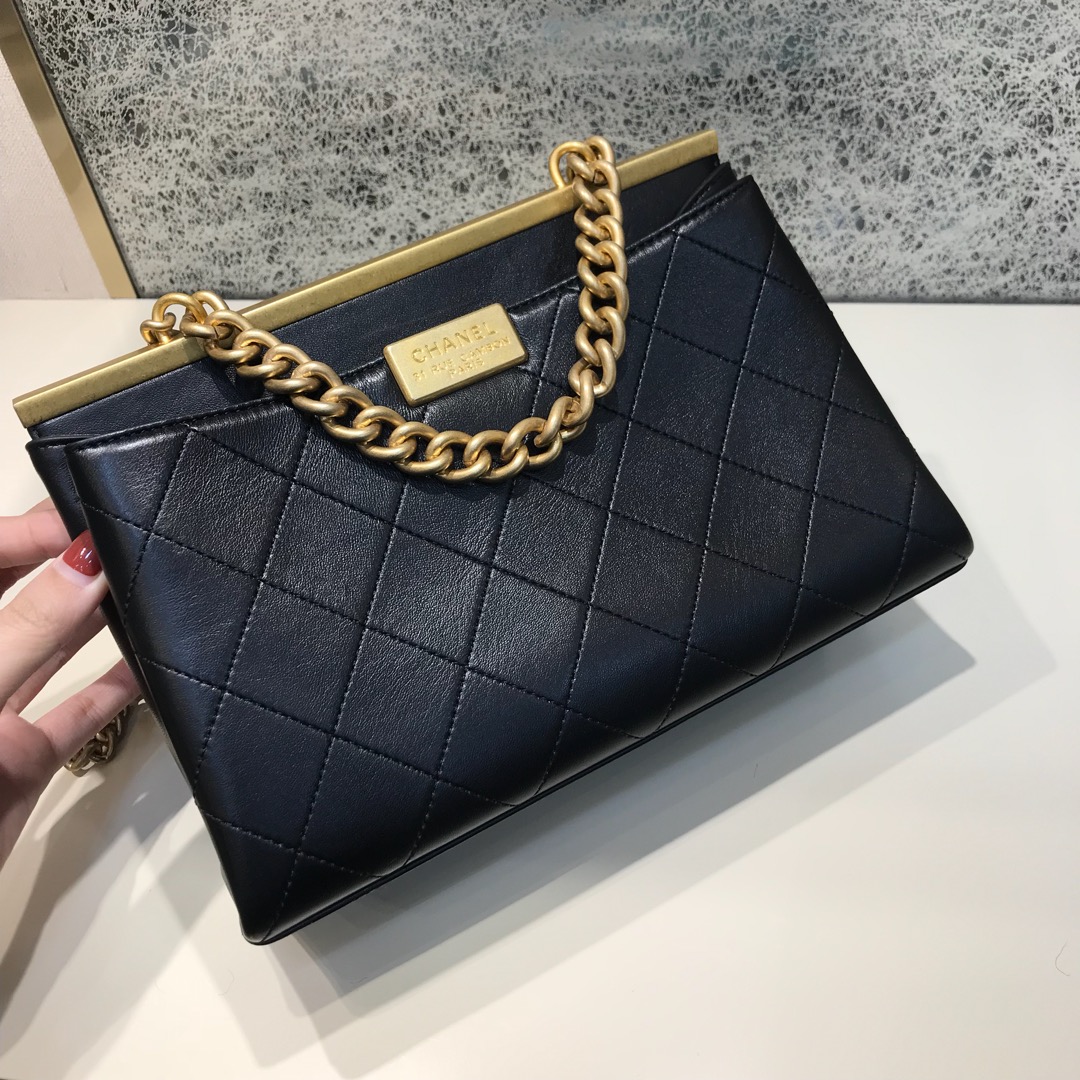 Chanel 香奈儿 口盖包 顶级代购版 23cm 原厂皮牛皮 黑色 纱金