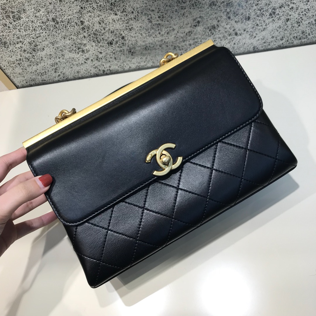 Chanel 香奈儿 口盖包 顶级代购版 23cm 原厂皮牛皮 黑色 纱金