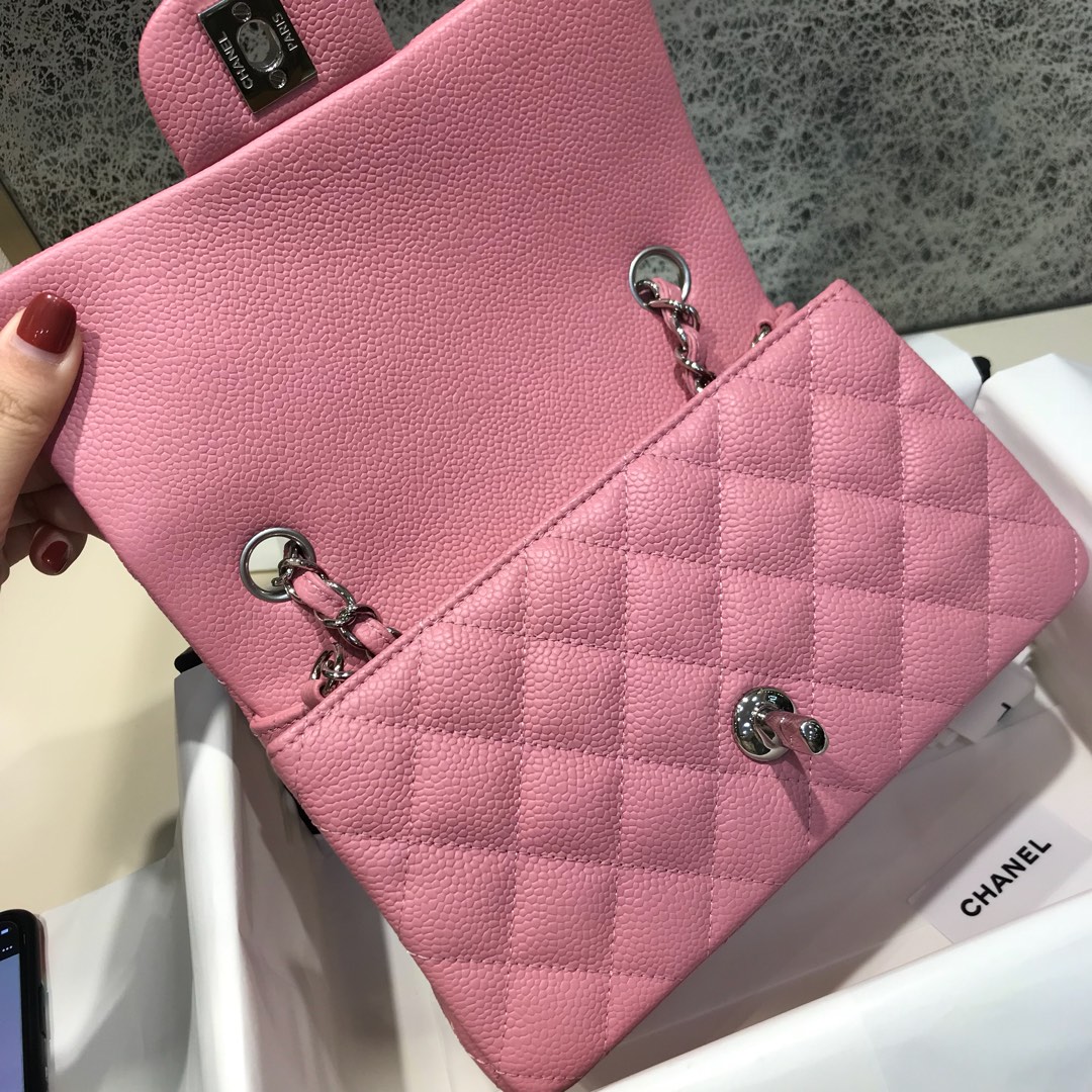 Classic Flap 代购版本 20cm 进口定制鱼子酱 桃粉 银扣