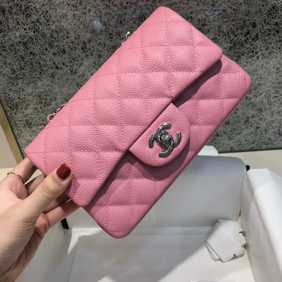 Classic Flap 代购版本 20cm 进口定制鱼子酱 桃粉 银扣