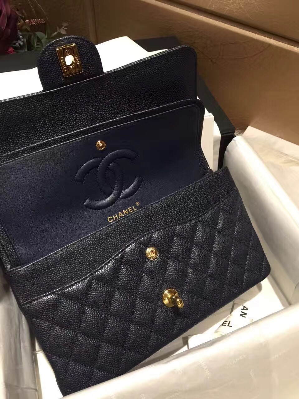 Chanel 香奈儿 Classic Flap 代购版本 25cm 进口鱼籽酱 海军蓝 金扣