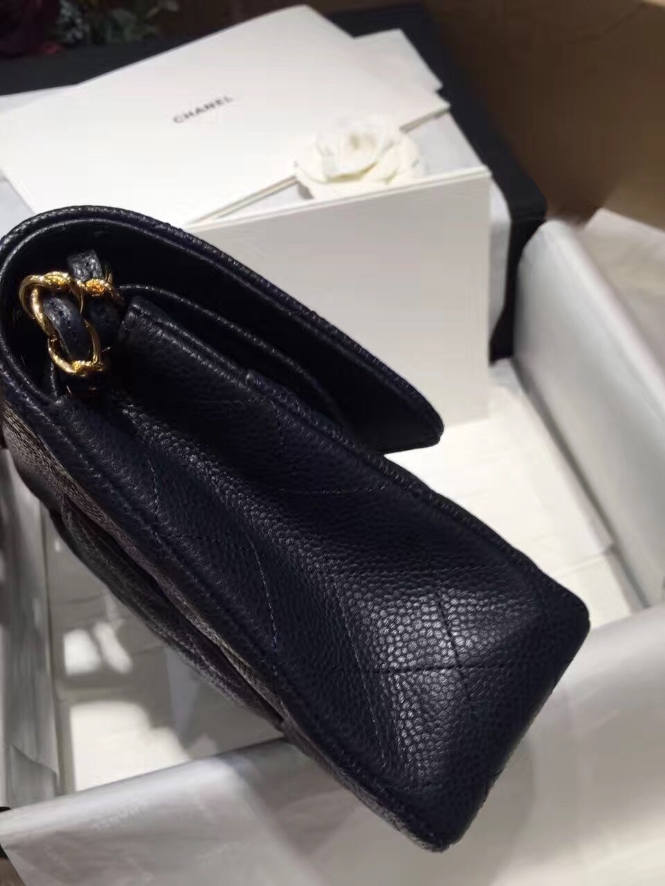 Chanel 香奈儿 Classic Flap 代购版本 25cm 进口鱼籽酱 海军蓝 金扣