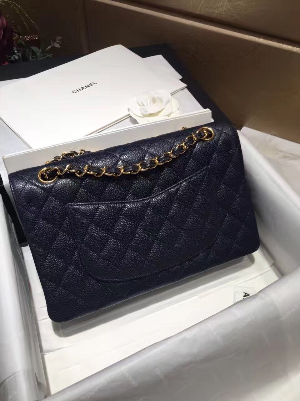 Chanel 香奈儿 Classic Flap 代购版本 25cm 进口鱼籽酱 海军蓝 金扣