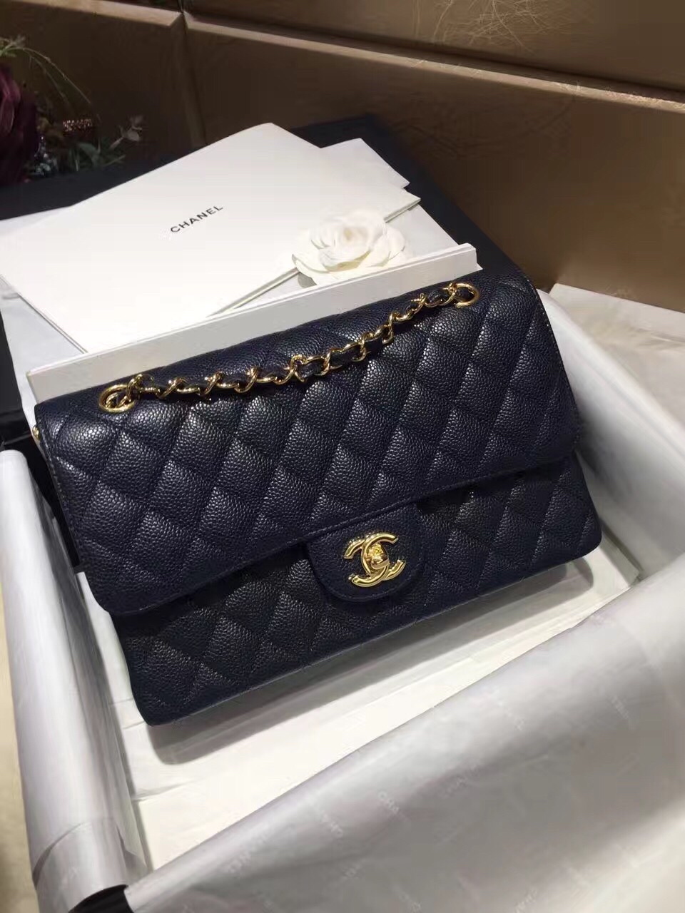 Chanel 香奈儿 Classic Flap 代购版本 25cm 进口鱼籽酱 海军蓝 金扣