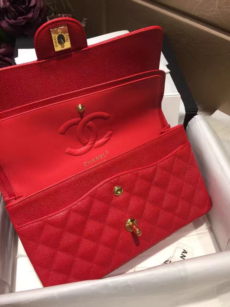 CHANEL Classic Flap 代购版本 25cm 进口小鱼籽酱 大红 金扣