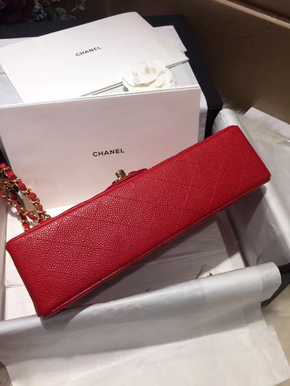 CHANEL Classic Flap 代购版本 25cm 进口小鱼籽酱 大红 金扣