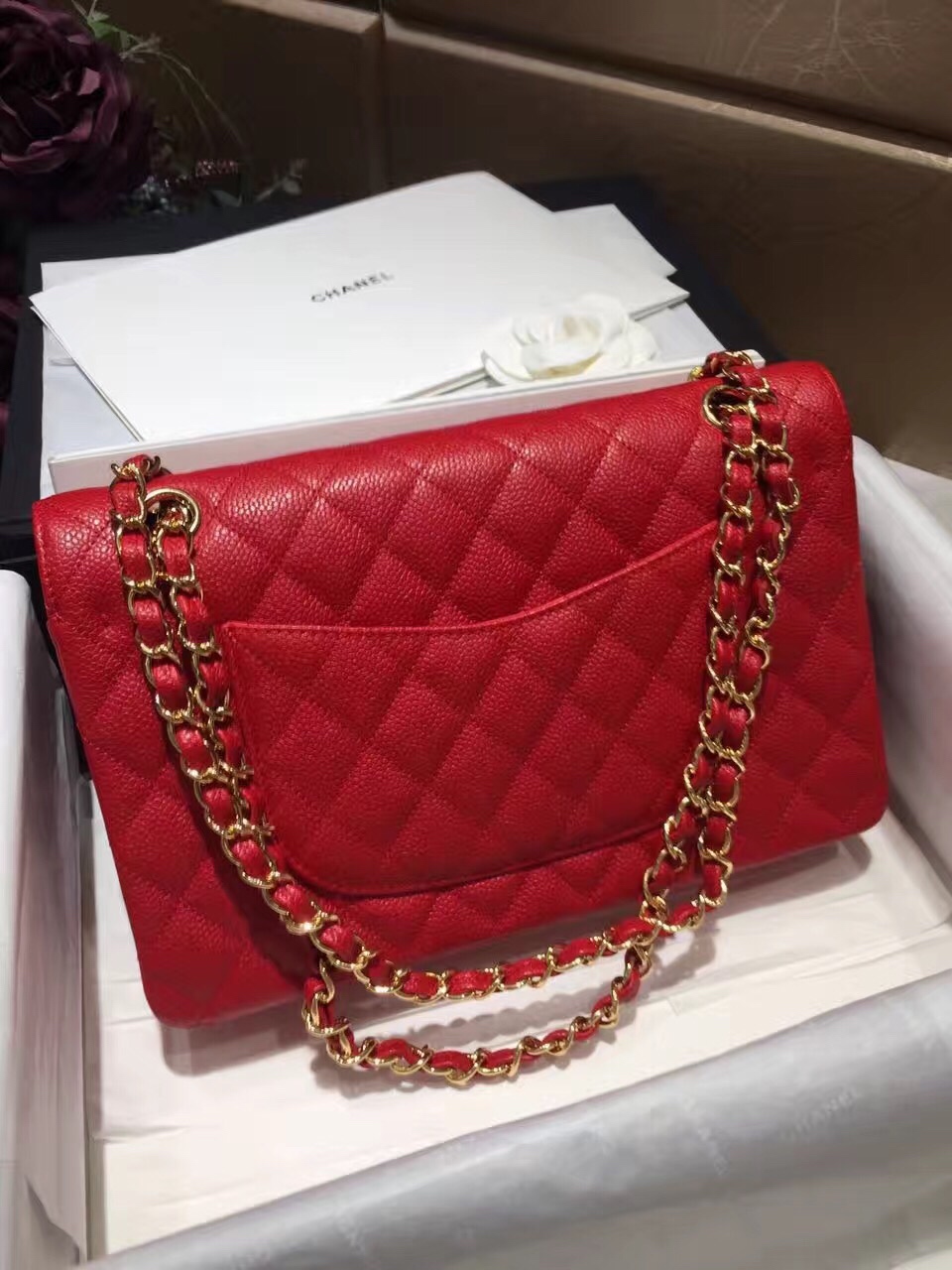 CHANEL Classic Flap 代购版本 25cm 进口小鱼籽酱 大红 金扣
