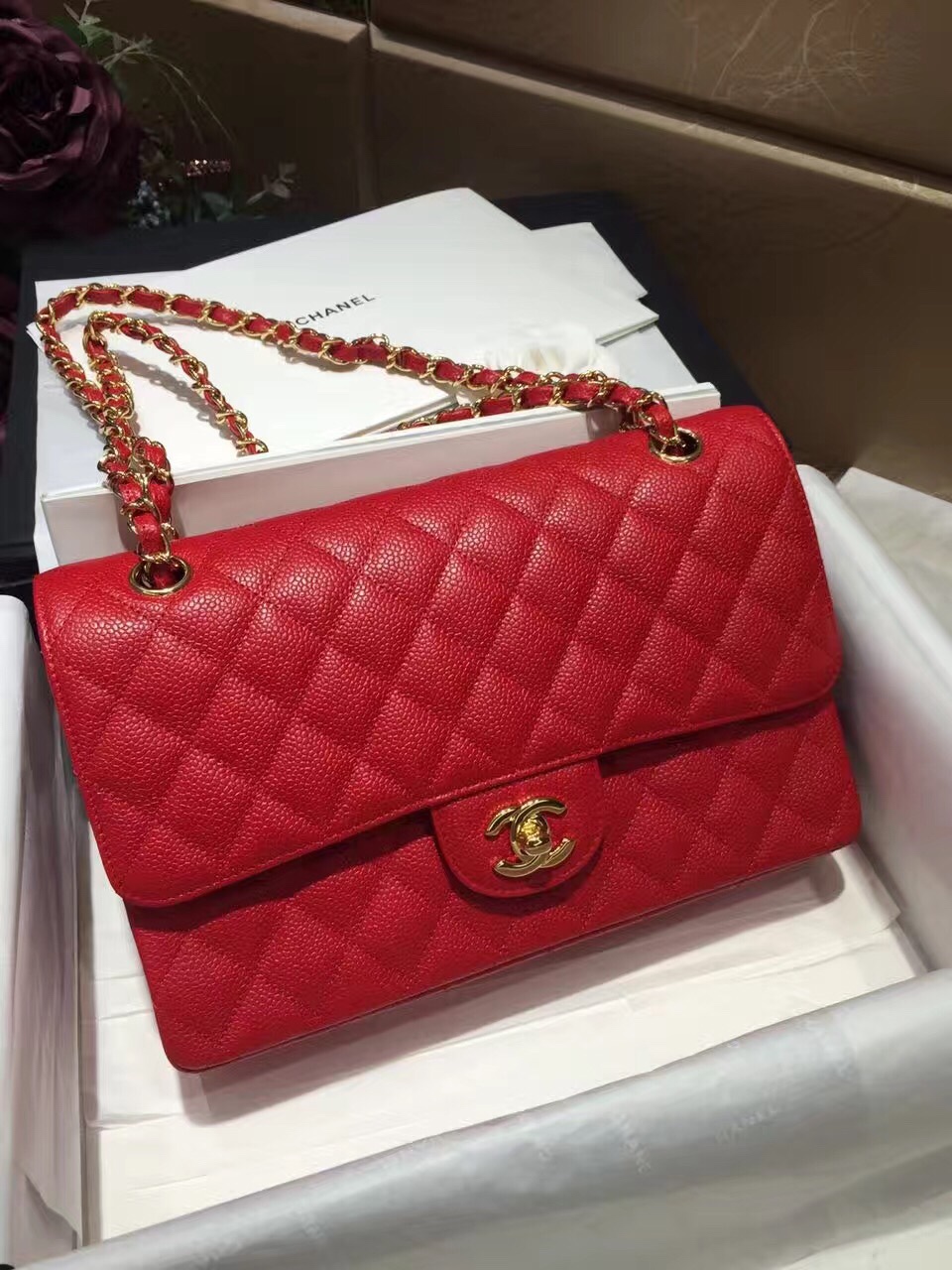 CHANEL Classic Flap 代购版本 25cm 进口小鱼籽酱 大红 金扣