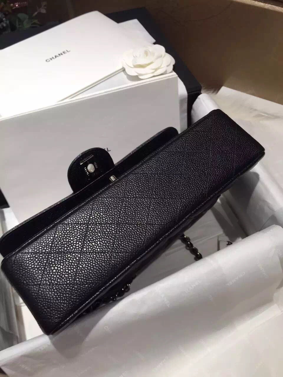 Chanel 香奈儿 Classic Flap 代购版本 25cm 进口小鱼籽酱 黑色 银扣