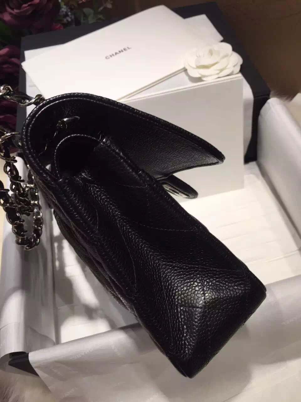 Chanel 香奈儿 Classic Flap 代购版本 25cm 进口小鱼籽酱 黑色 银扣