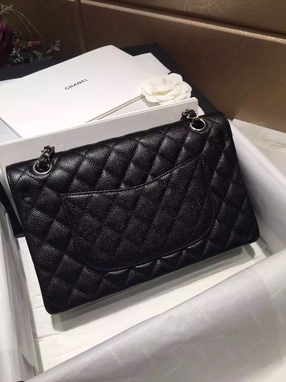 Chanel 香奈儿 Classic Flap 代购版本 25cm 进口小鱼籽酱 黑色 银扣
