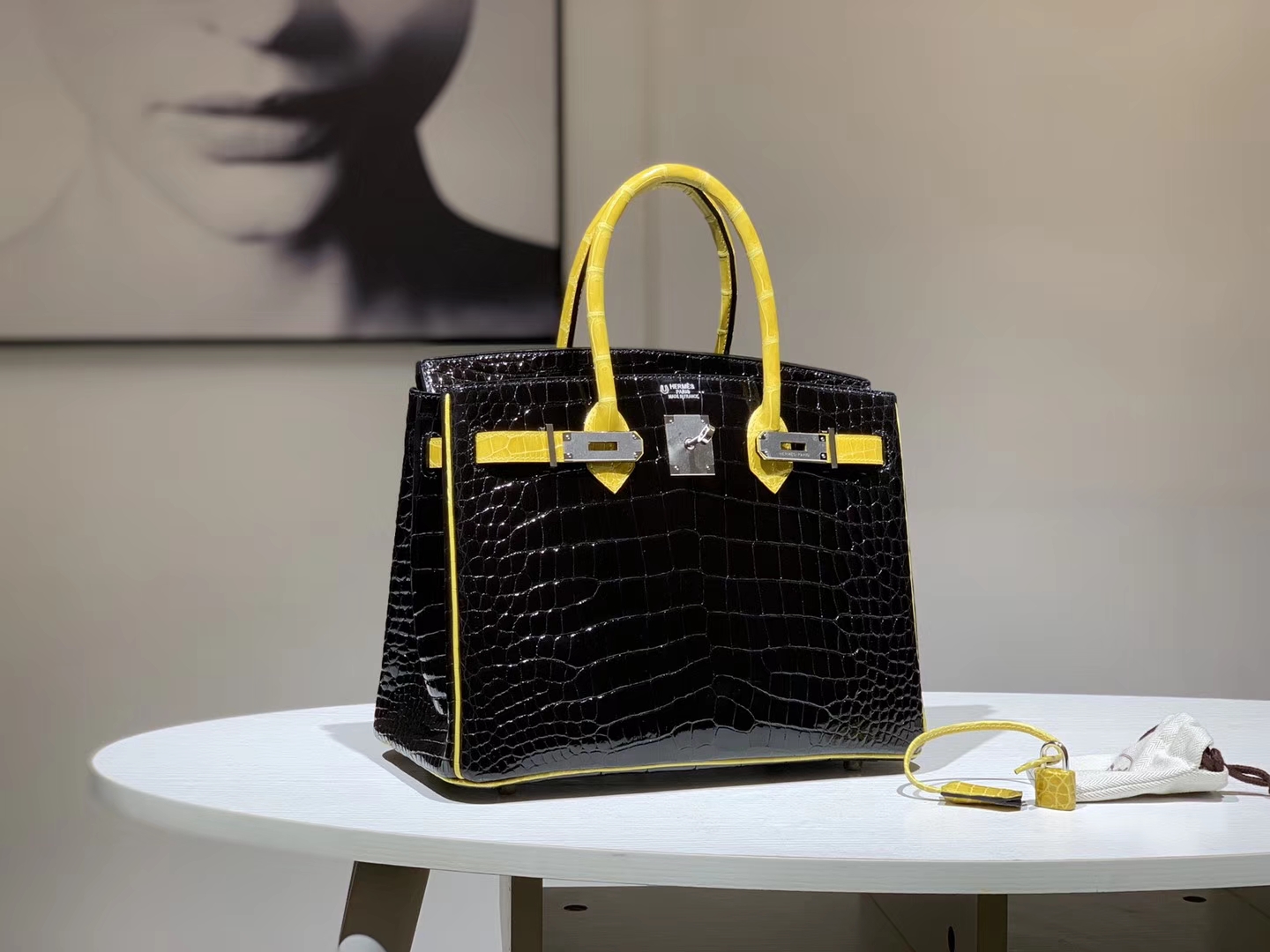 HERMES 爱马仕 Brikin 30cm 鳄鱼皮 柠檬黄配黑色