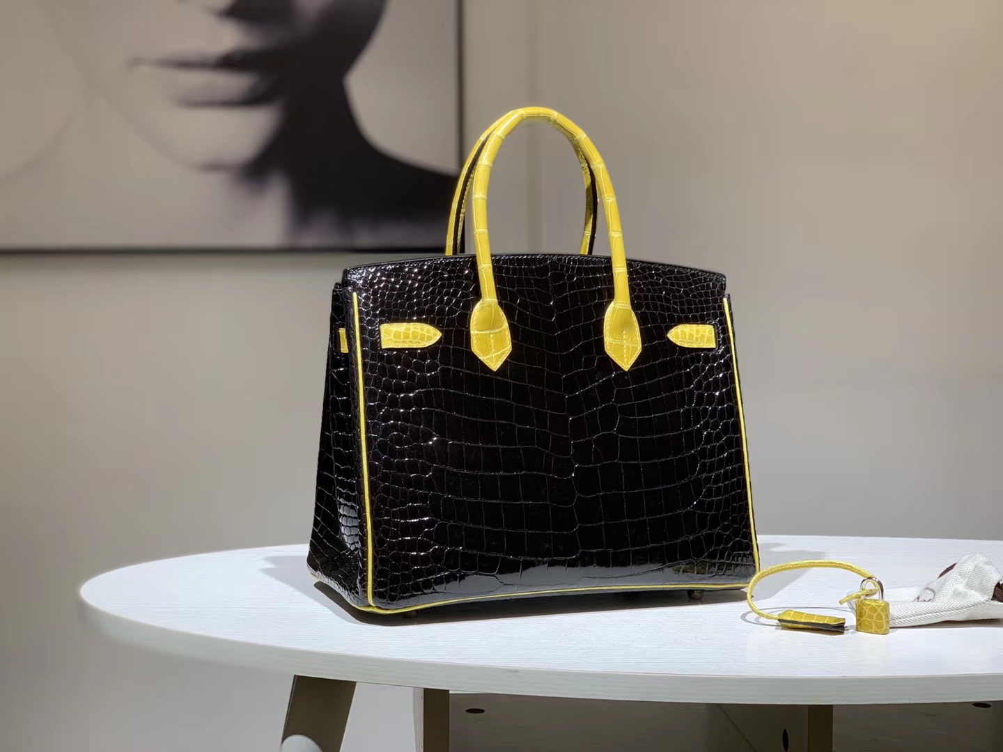 HERMES 爱马仕 Brikin 30cm 鳄鱼皮 柠檬黄配黑色
