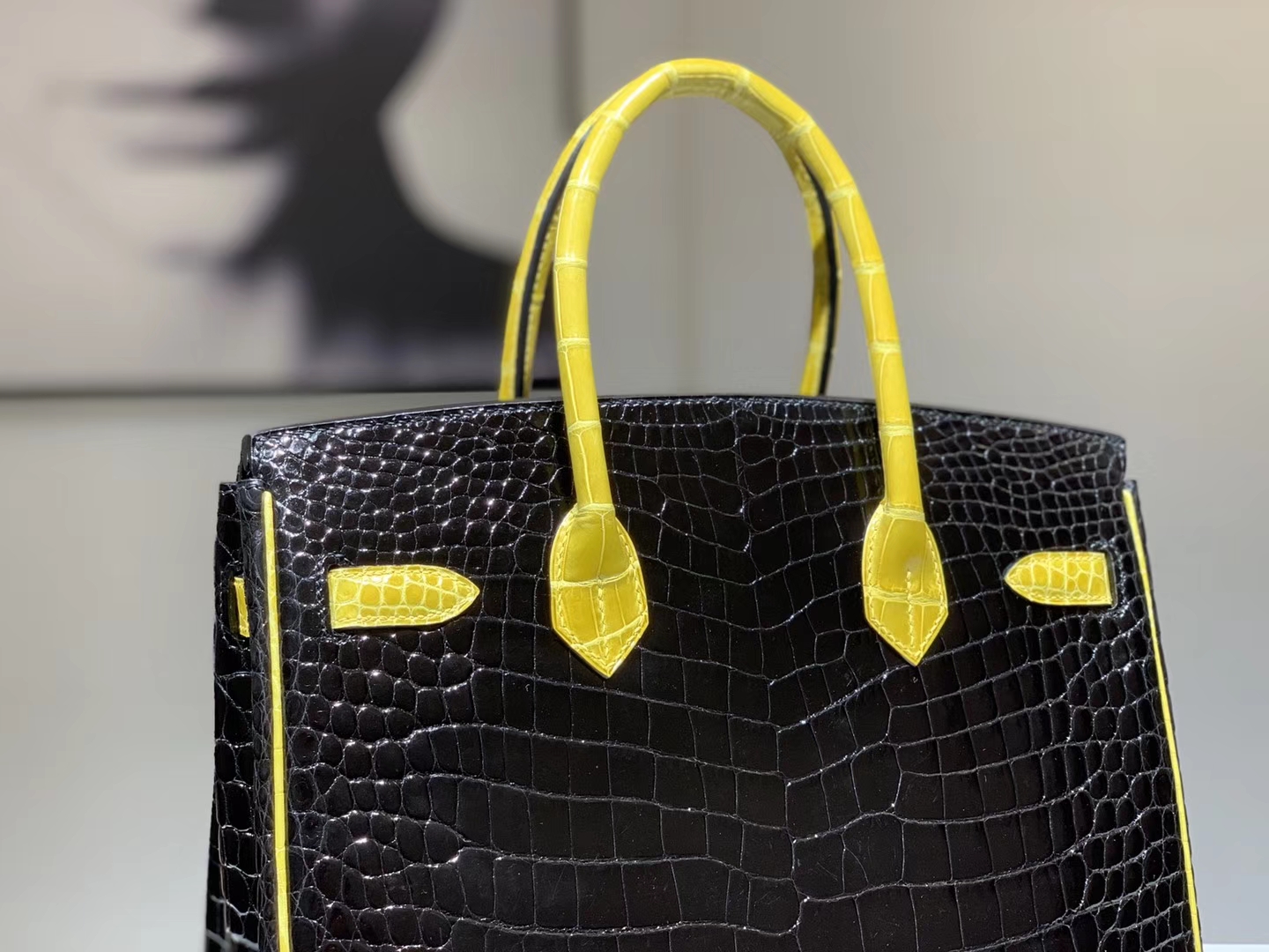 HERMES 爱马仕 Brikin 30cm 鳄鱼皮 柠檬黄配黑色