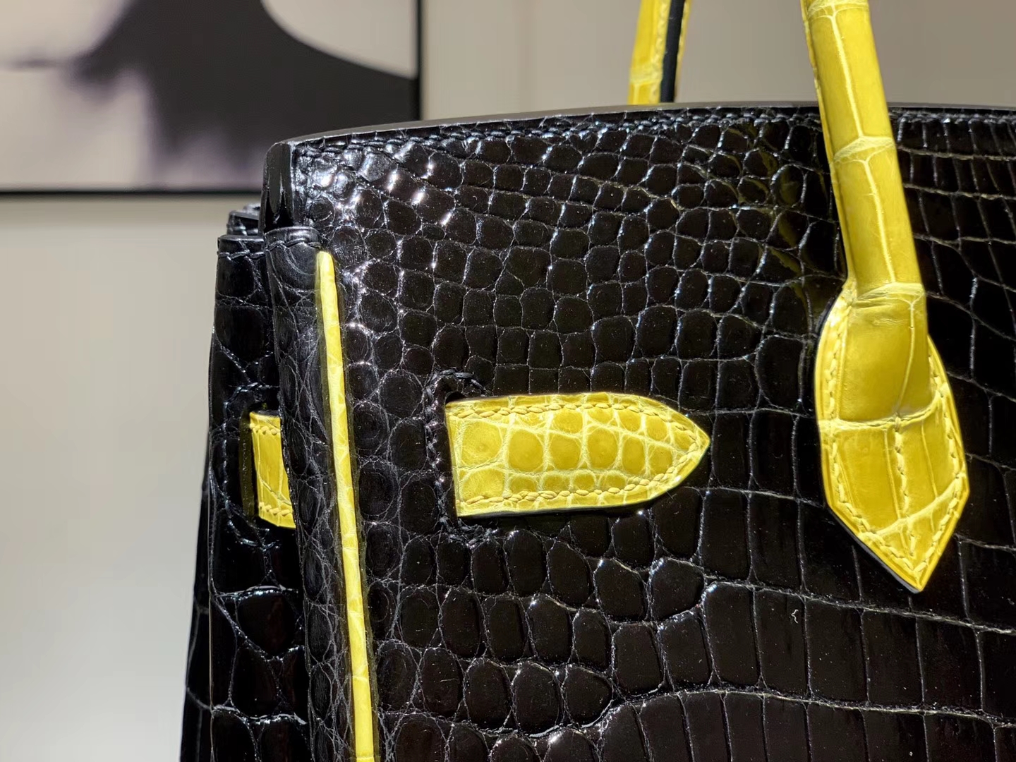 HERMES 爱马仕 Brikin 30cm 鳄鱼皮 柠檬黄配黑色