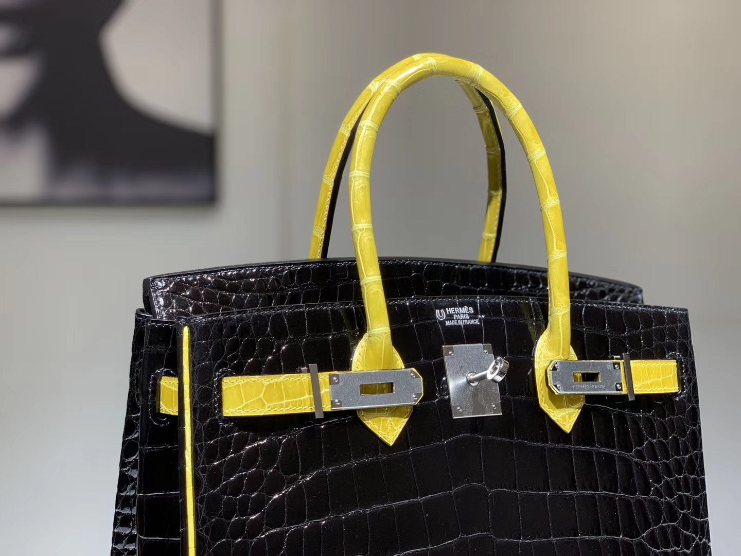 HERMES 爱马仕 Brikin 30cm 鳄鱼皮 柠檬黄配黑色