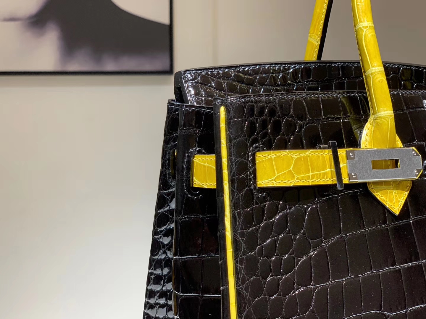 HERMES 爱马仕 Brikin 30cm 鳄鱼皮 柠檬黄配黑色