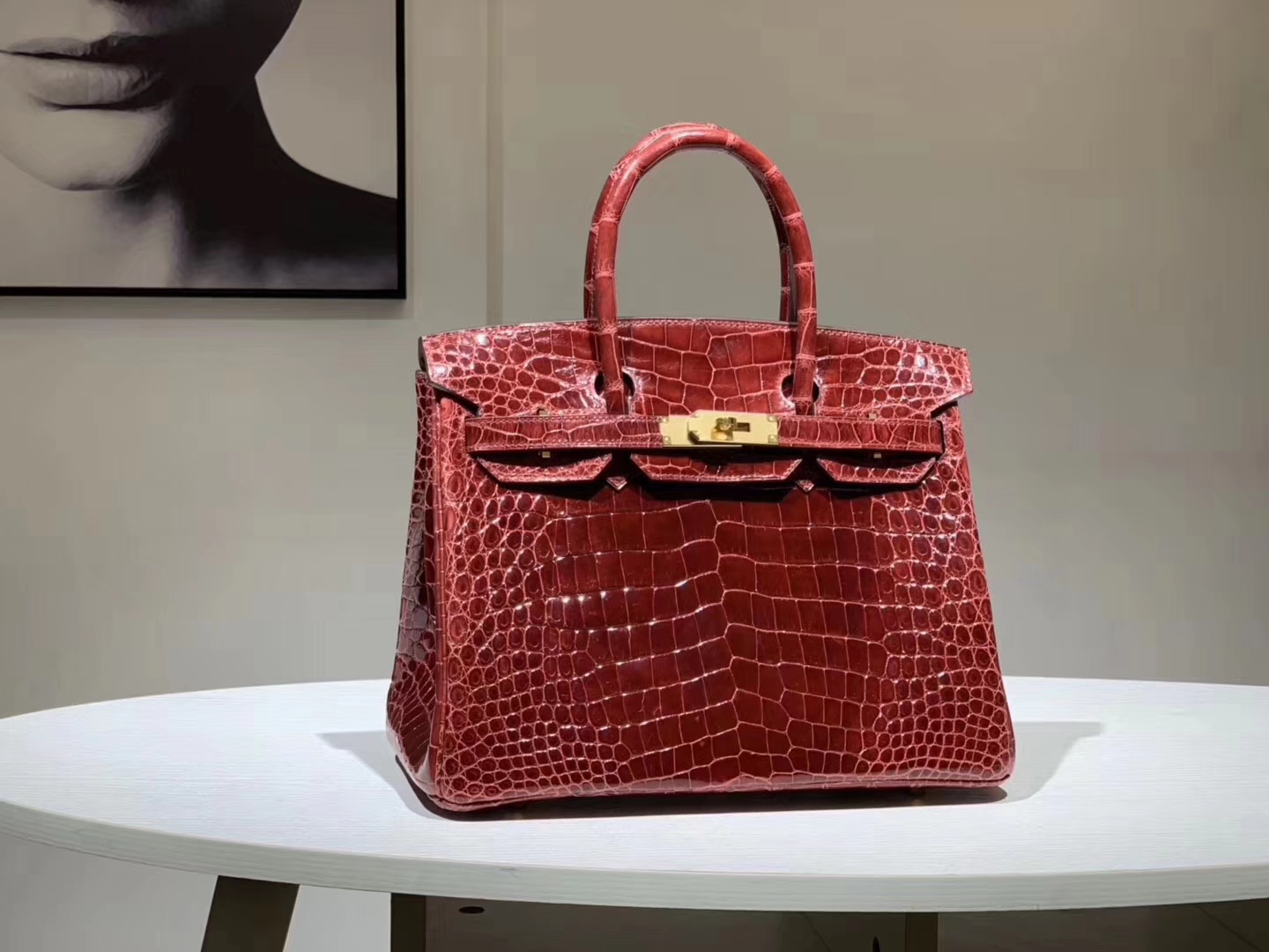 HERMES 爱马仕 Brikin 30cm 鳄鱼皮 波尔多酒红