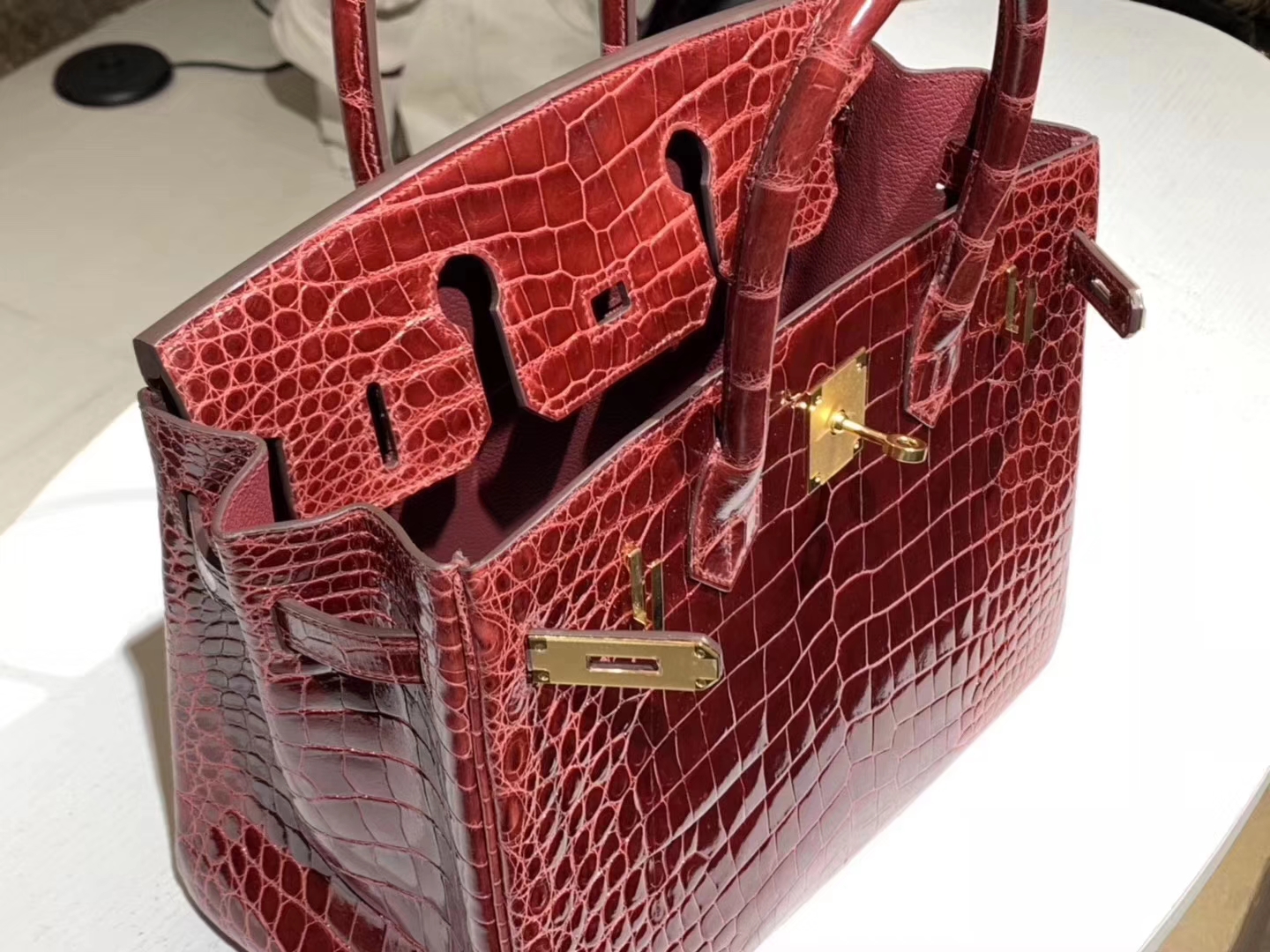 HERMES 爱马仕 Brikin 30cm 鳄鱼皮 波尔多酒红