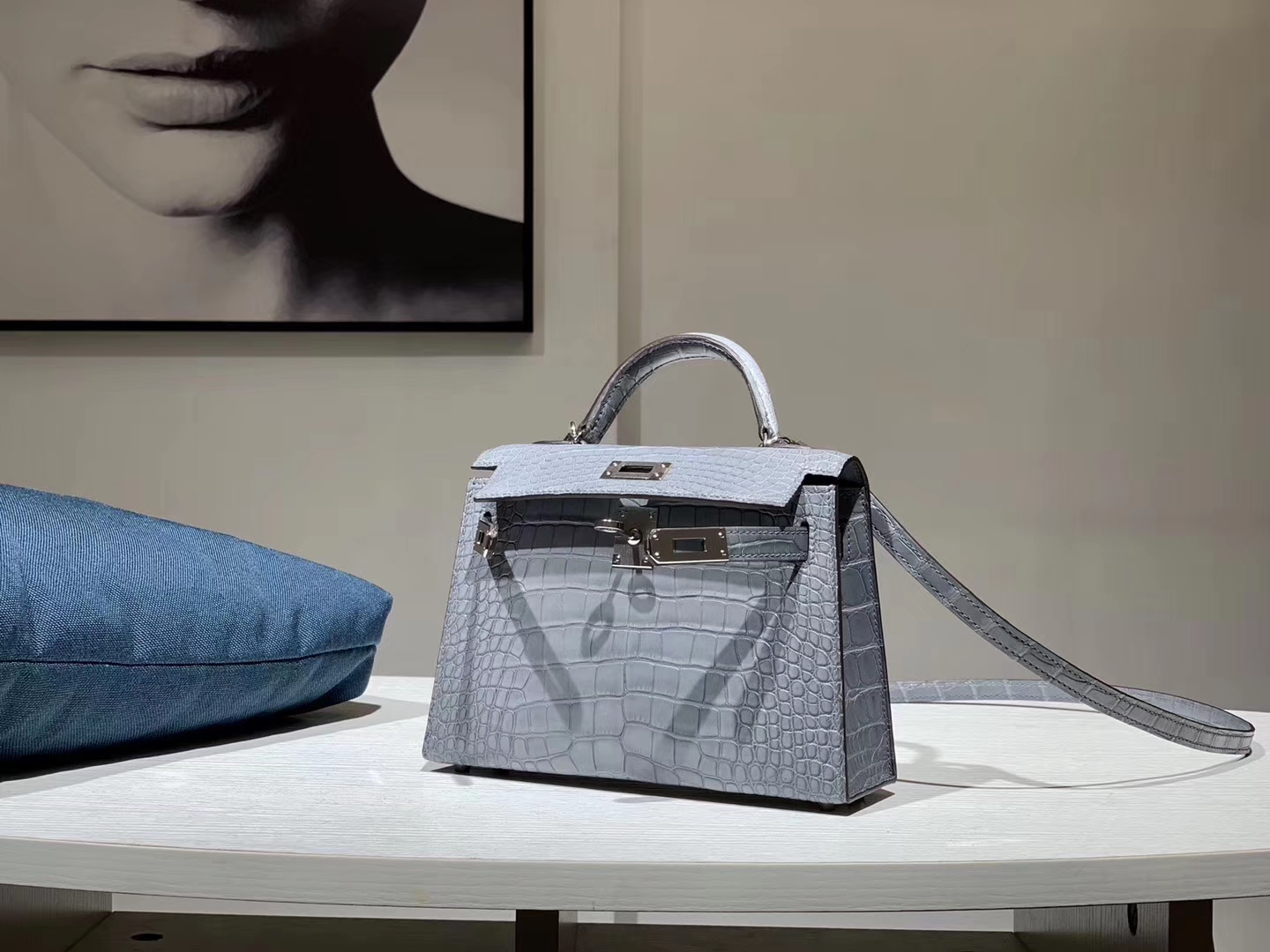 HERMES mini kelly二代 鳄鱼皮 亚麻兰 现货