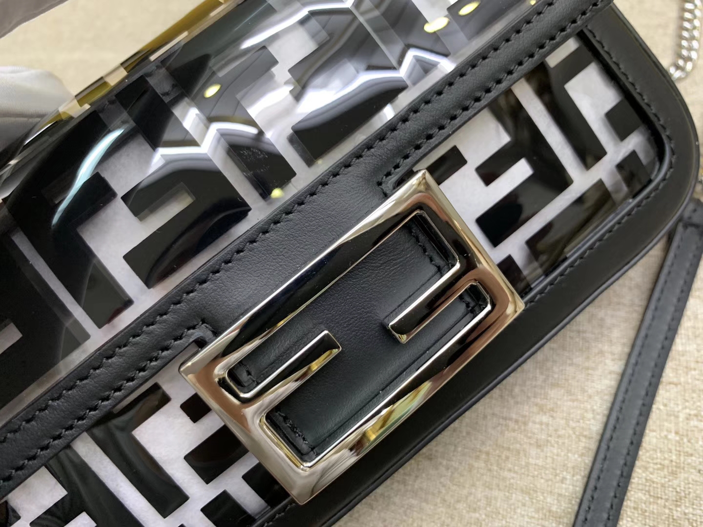 Fendi 芬迪 法棍包 Baguette手袋 全透明的TPU F 印花 26cm 黑色