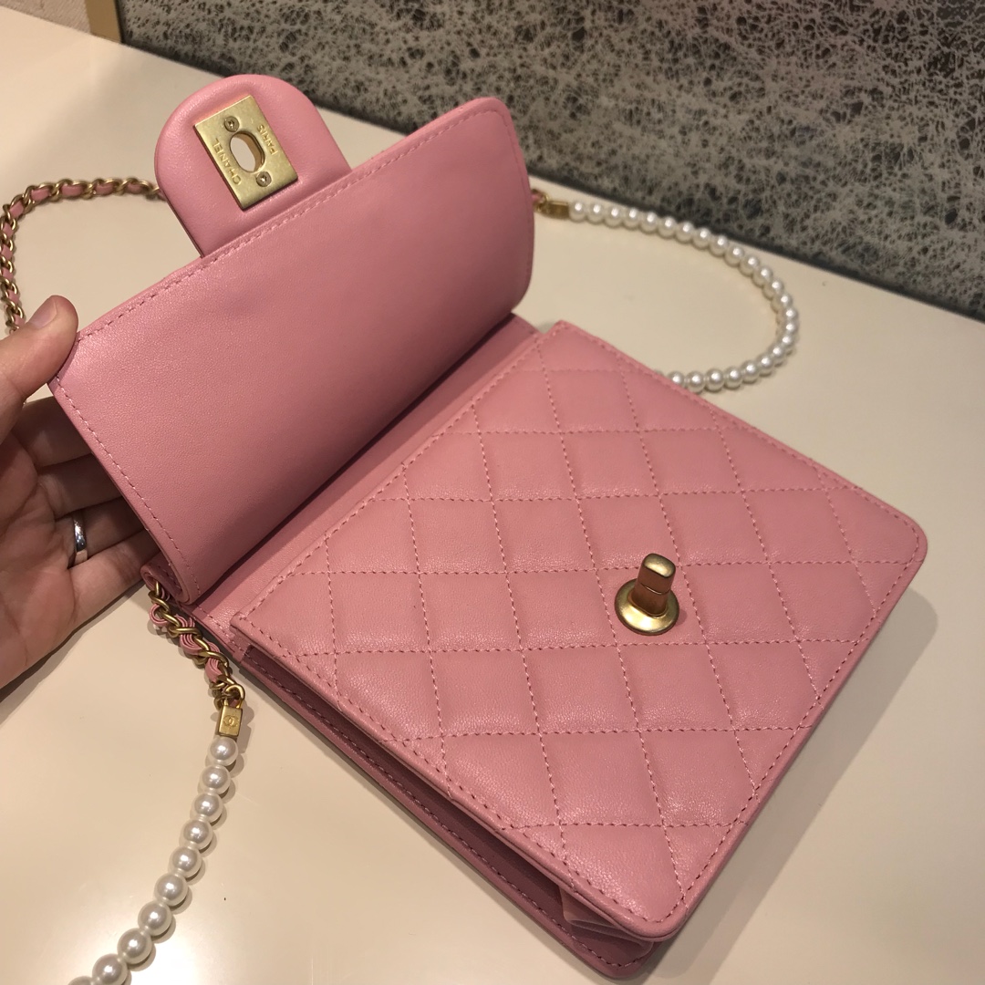 Chanel 香奈儿 新款链条珍珠包小号 进口小羊皮 粉色 沙金