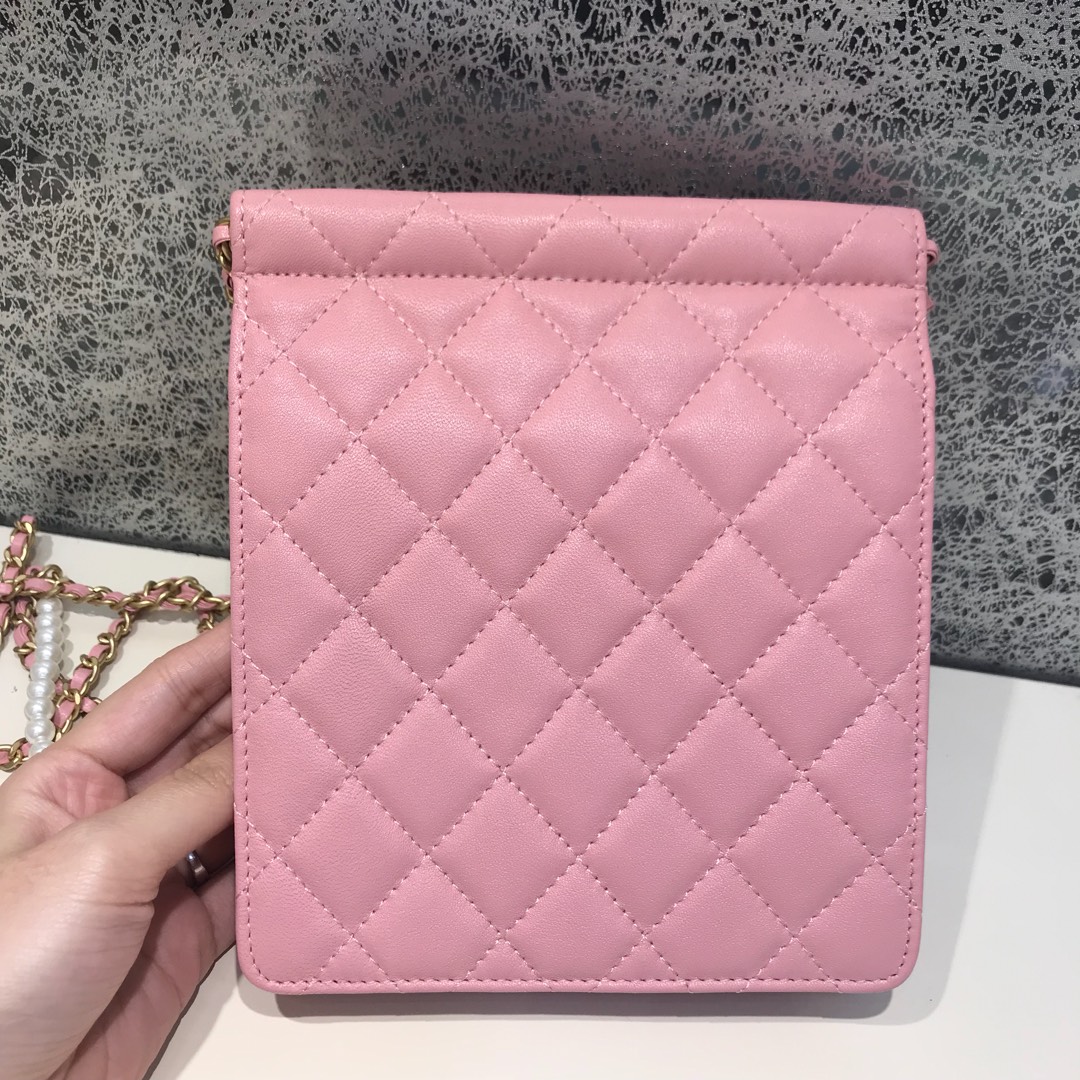 Chanel 香奈儿 新款链条珍珠包小号 进口小羊皮 粉色 沙金